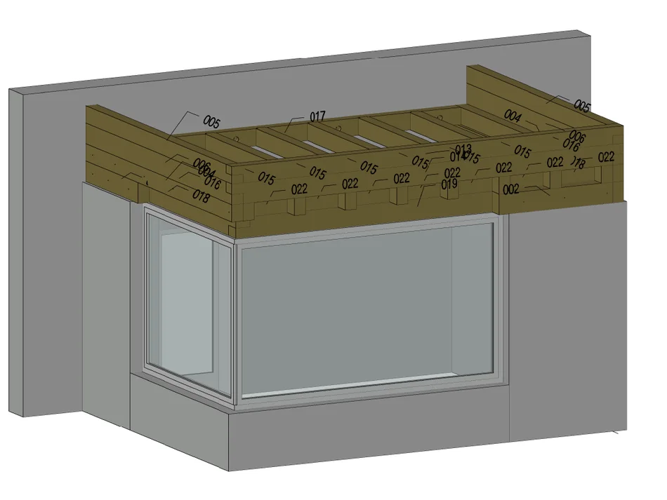 3D-Modell einer Loggia mit Holzbalkenlage über einem Eckfenster